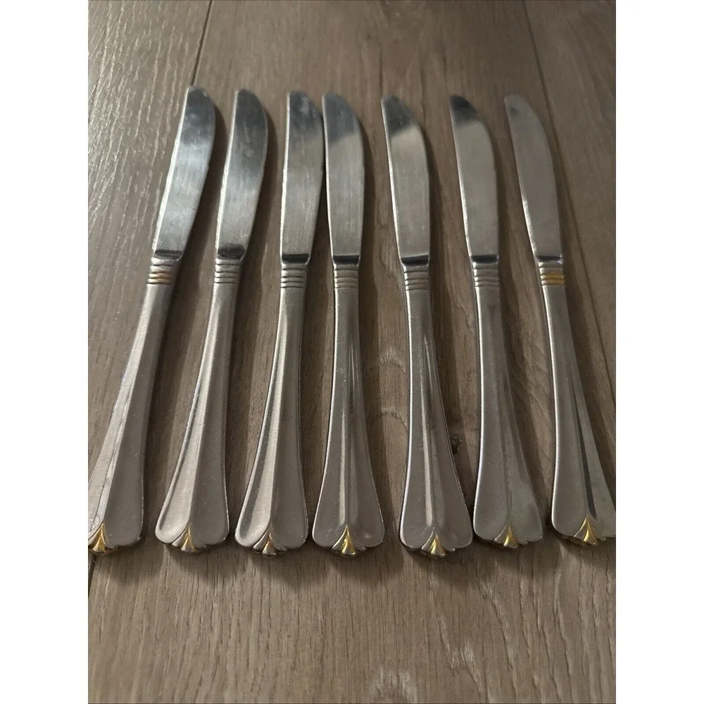 7 PCs Rogers COUNTRY SHELL GOLD Glossy Gold Tip Flatware Dinner Knives *read‎